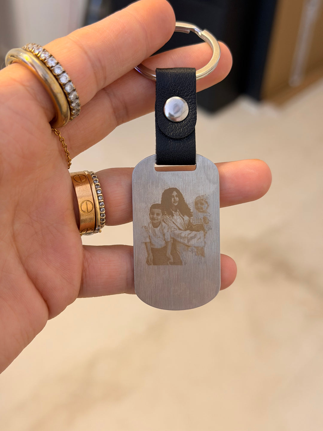 Key chain leather - silver