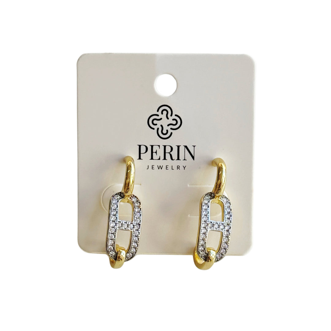 Chain Link Earrings with Zirconia - gold